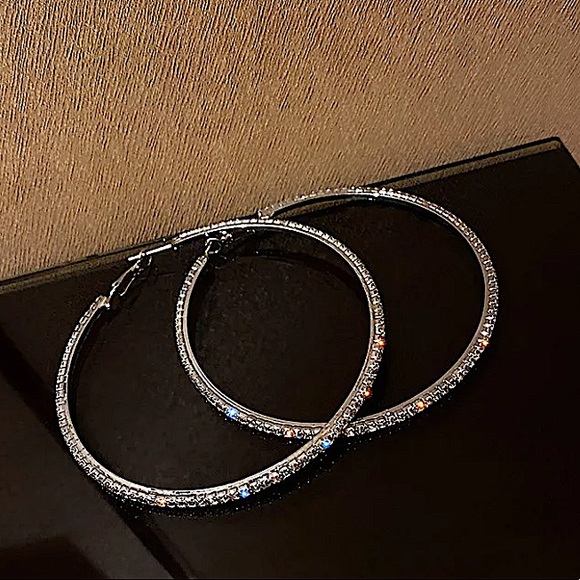 SILVER RHINESTONE HOOP EARRINGS - Picture 7 of 8